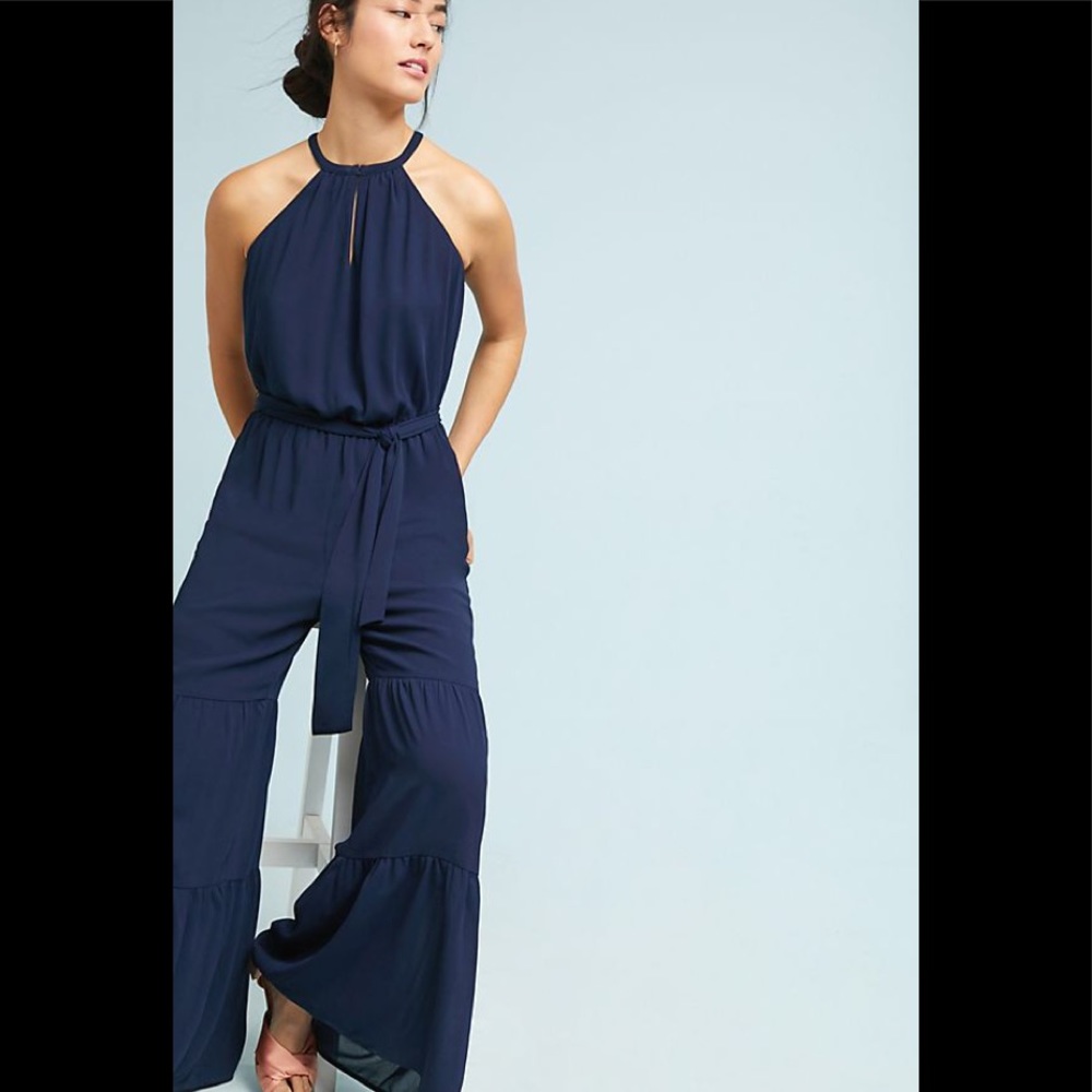 NWT Anthropologie Tiered Wide Leg Jumpsuit Navy Lg